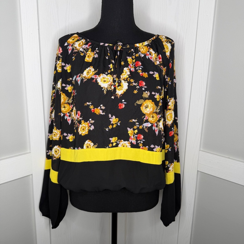 Lily Star Floral Blouse Womens Medium Black Yellow Elastic Waist Chiffon Top